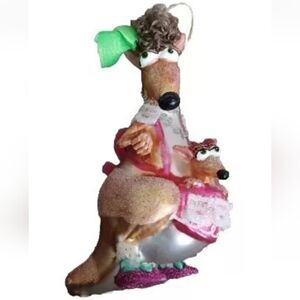 Fancy Sparkle Kangaroo with Joey Blown Glass Christmas Ornament Bows Ribbon Lace